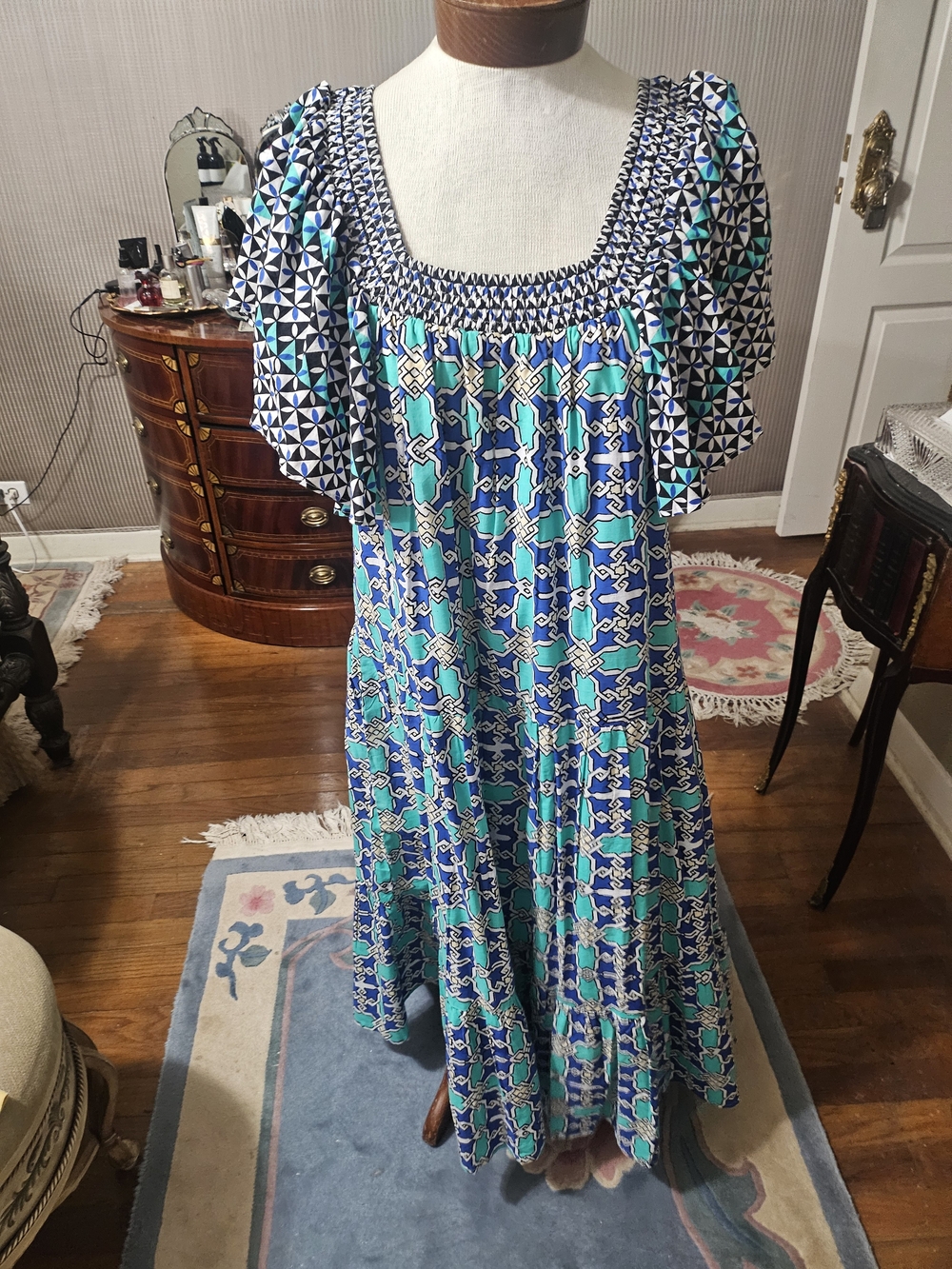 Blue & Teal Geometric Square-Neck Maxi Dress